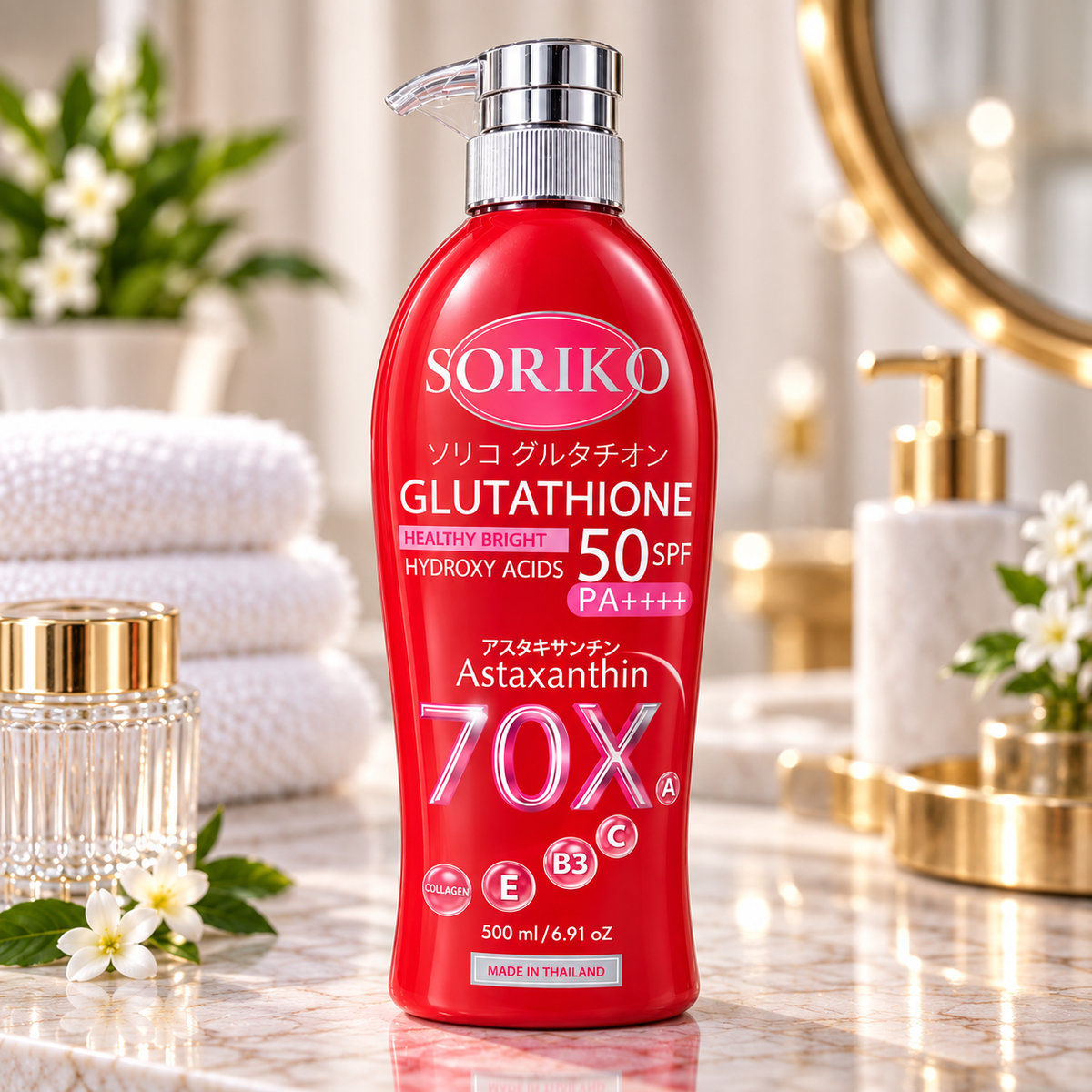 SORIKO Glutathione Healthy Bright Hydroxy Acids Astaxanthin 70X Body Lotion SPF 50 PA++++ – 500ml